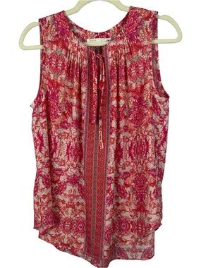 Violet + Claire Pink Coral Floral Print Sleeveless Keyhole Tie Neck Blouse M